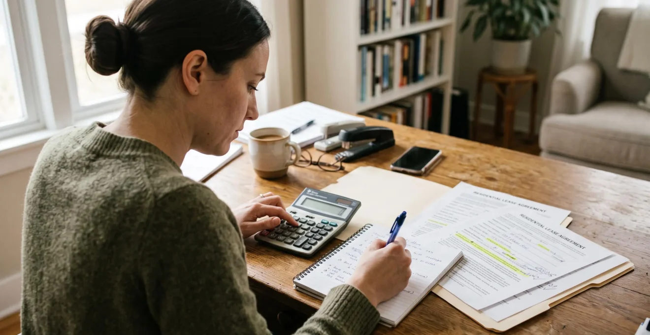 Une personne calcule le rendement d'un investissement à partir de documents posés sur un bureau.