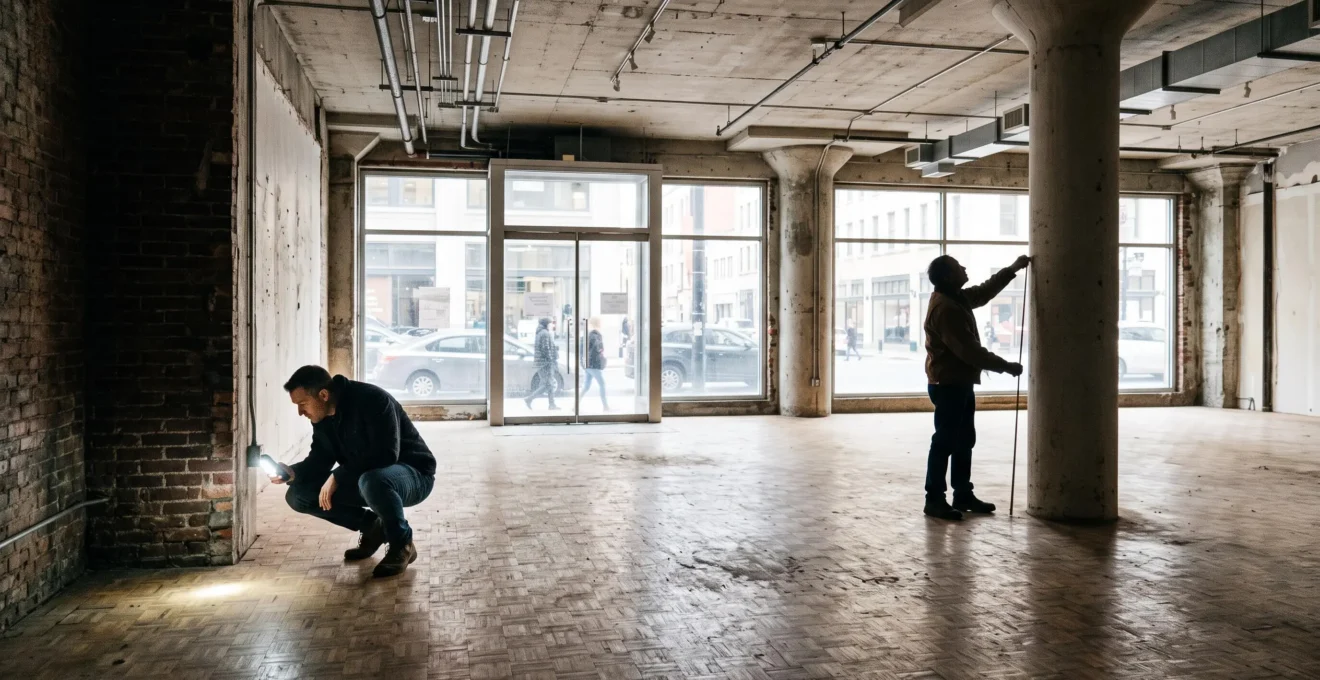 Deux personnes inspectent un local commercial vide avec un mètre et une lampe torche.