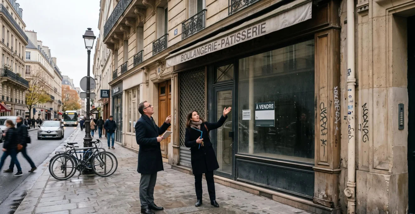 Un investisseur et un agent examinent une devanture commerciale parisienne depuis le trottoir.