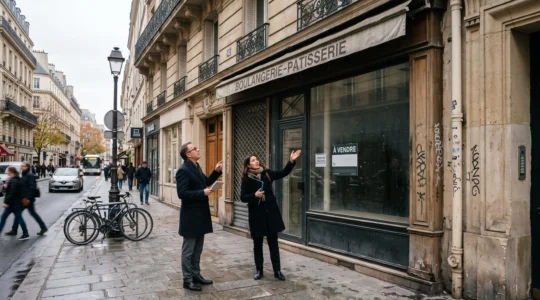 Un investisseur et un agent examinent une devanture commerciale parisienne depuis le trottoir.